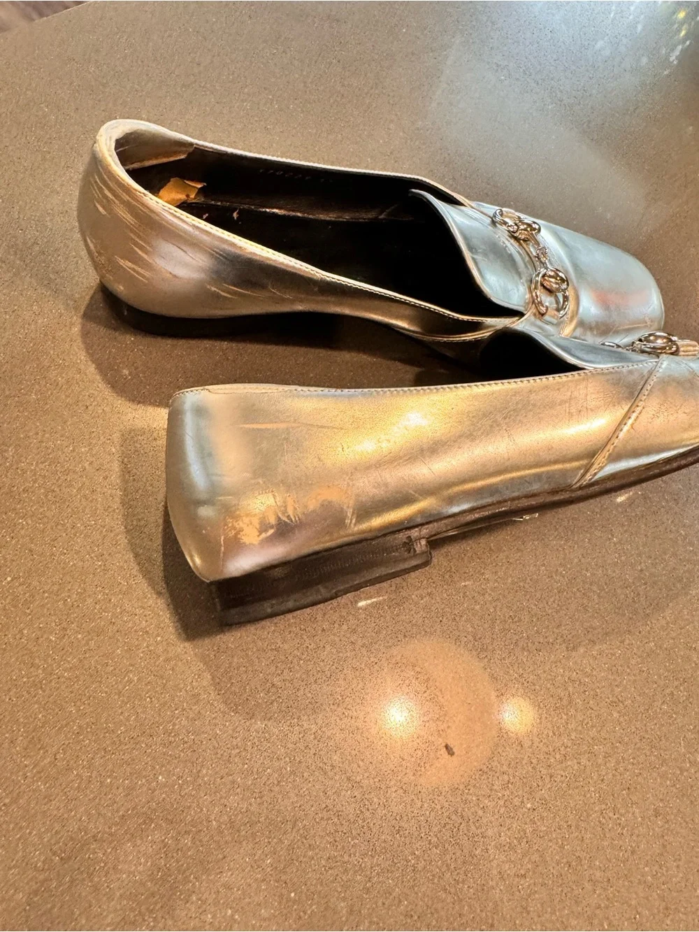Gucci Metallic Silver Leather Horsebit Loafers - Women's - sz 7